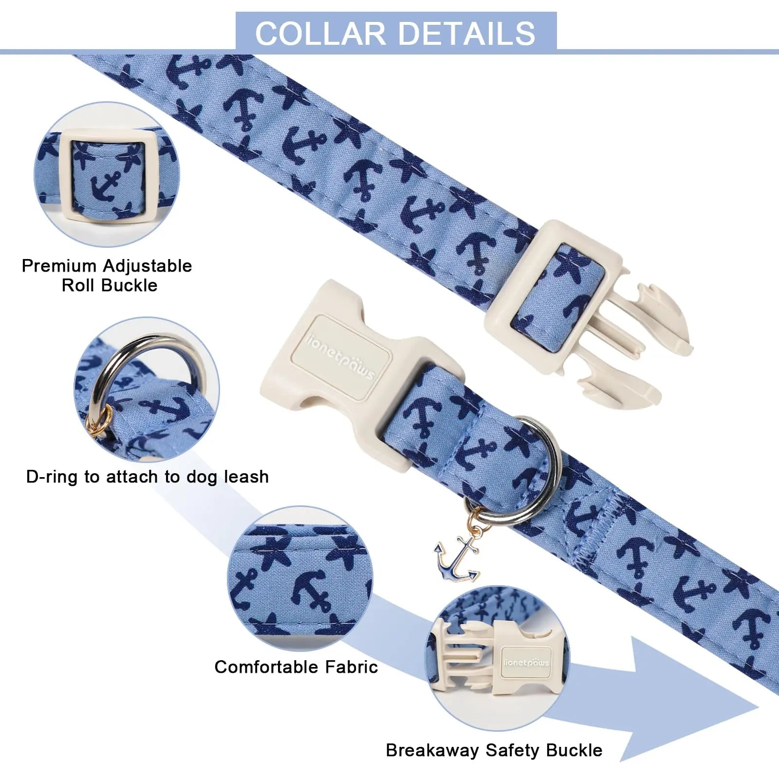 Lionet Paws Blue Summer Dog Collar - Cute Anchor Graphic Pendant, Non-Stretchy, Hand Wash Only for Small-Medium Male Dogs, Collars
