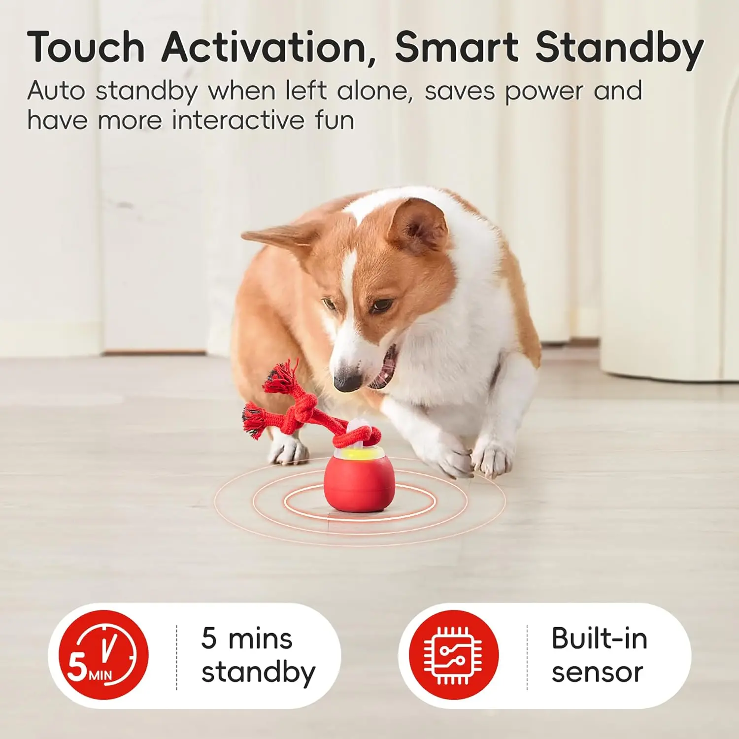 Ball Toy - Touch Activated, Rechargeable, Squeaky Toy - Interactive Moving Ball