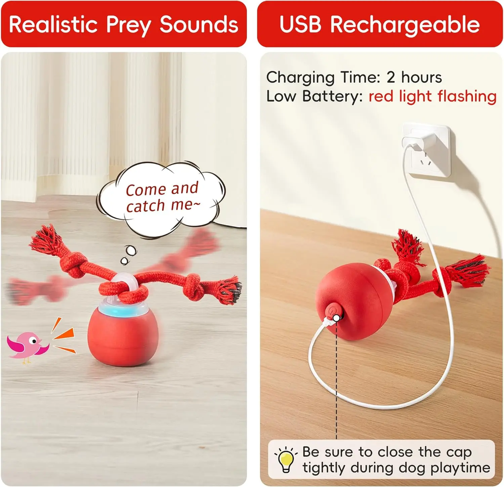 Ball Toy - Touch Activated, Rechargeable, Squeaky Toy - Interactive Moving Ball