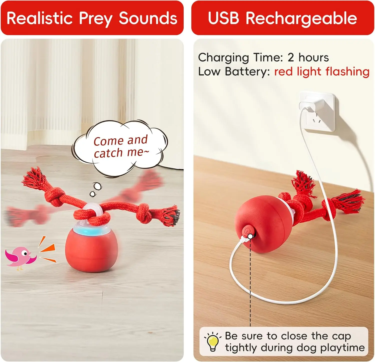 Ball Toy - Touch Activated, Rechargeable, Squeaky Toy - Interactive Moving Ball