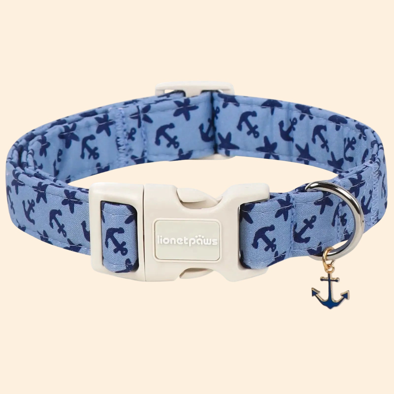 Lionet Paws Blue Summer Dog Collar - Cute Anchor Graphic Pendant, Non-Stretchy, Hand Wash Only for Small-Medium Male Dogs, Collars
